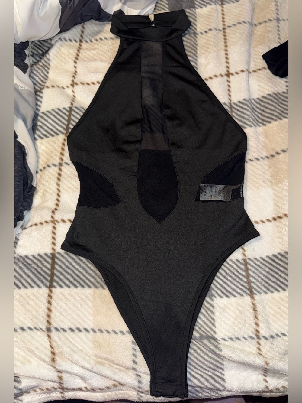 Women’s Black Halter Bodysuit with Mesh Inset